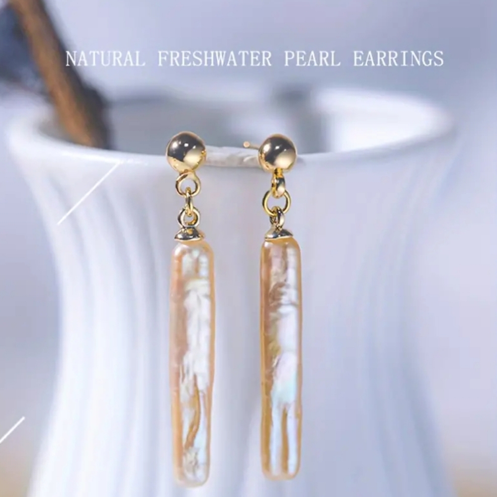 Genuine 925 S.Silver 14K Gold Plated Freshwater Baroque Pearl Earrings.